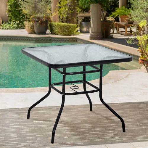 Miniatura 2 de Mesa de patio al aire libre con agujero para paraguas, mesa cuadrada de vidrio templado de 32 pulgadas, mesa de centro de conversación, marco