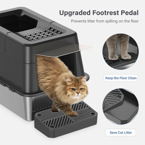 Miniatura 6 de Aphyxen Caja de arena de acero inoxidable con tapa, caja de arena para gatos extra grande cerrada para todos los gatos, diseño modular con tapa