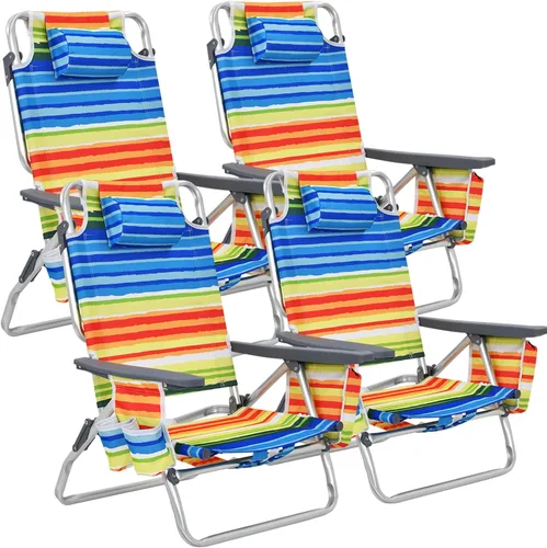 Miniatura 35 de Goplus Silla de playa, mochila plegable para adultos, sillas de playa con posiciones ajustables, almohada para la cabeza, bolsa refrigeradora