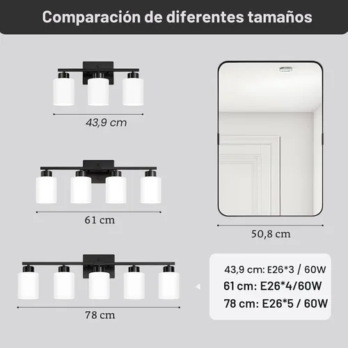 Miniatura 5 de FonmYim Lámpara de baño negra, lámpara de tocador moderna de 3 luces sobre espejo, apliques de pared con pantallas de vidrio esmerilado blanco