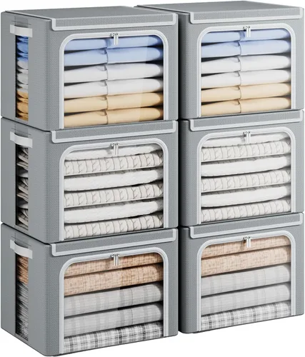 Miniatura 11 de Yecaye Cajas de Almacenamiento de Ropa con Marco de Metal, Caja de Almacenamiento de Ropa Plegable con Tapa, Caja Organizadora Apilable de Tela