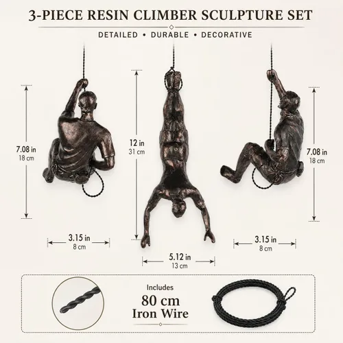Miniatura 2 de Gran conjunto de 3 esculturas de pared de hombres escalando Arte decorativo de pared nórdica de simplicidad moderna, esculturas de hombre escalador