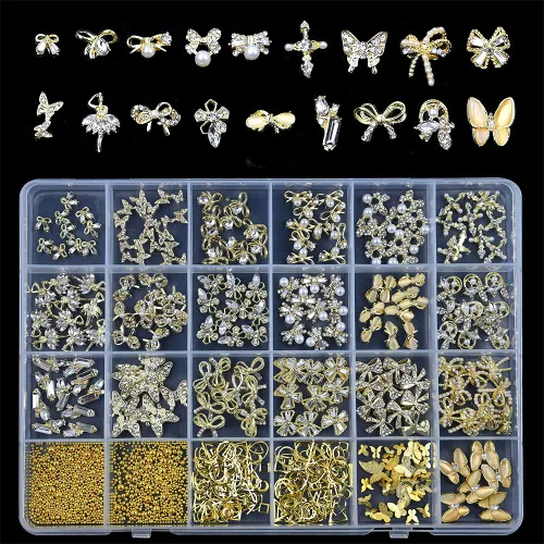 Miniatura 9 de 1 caja 3D lindo oso/pajaritas/mariposa resina decoración de uñas Aurora flores diseños holográficos adornos de uñas falda suministros de uñas