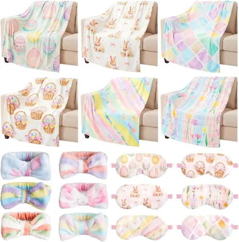 Miniatura 17 de Fanfanwin 18 piezas de suministros de fiesta de pijamas para niñas, 6 estilos lindos degradados, 6 diademas de forro polar coral para spa, 6