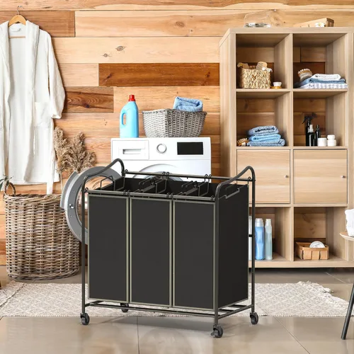 Miniatura 5 de Simple Houseware Carrito rodante clasificador de lavandería de 3 bolsas resistente, bronce