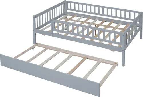 Miniatura 5 de P PURLOVE Sofá cama matrimonial con nido, marco de sofá cama con barandillas de valla, sofá cama de madera para niños, niñas y adolescentes jóvenes