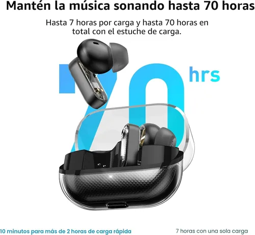 Miniatura 5 de TOZO Crystal Pods - Auriculares inalámbricos híbridos con cancelación activa de ruido, controladores de 0.394 in, graves profundos, 4 micrófonos