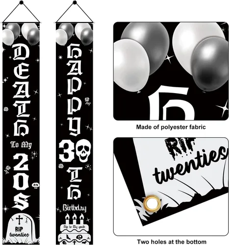 Miniatura 3 de Aodocuto Cartel decorativo para puerta de cumpleaños número 30 para mujeres y hombres, negro y blanco con la muerte a mis veinte años 30