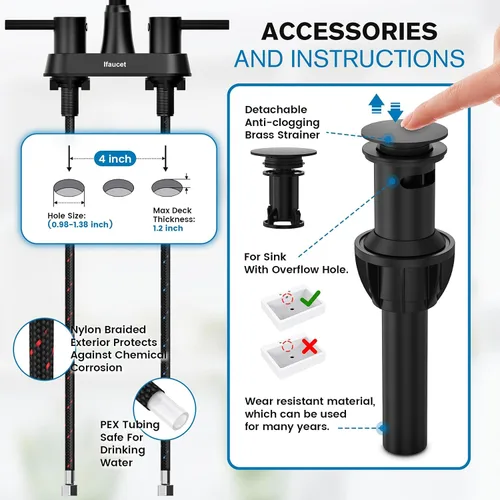 Miniatura 4 de Grifo de baño negro de 3 agujeros, grifos de baño para fregadero de 3 agujeros, grifo de lavabo de baño, juego central de 4 pulgadas y 2 asas, sin