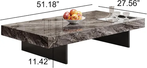 Miniatura 2 de Mesa auxiliar rectangular de mármol de 51.18 pulgadas, parte superior de piedra sinterizada gris moderna con base de metal negro, mesa central