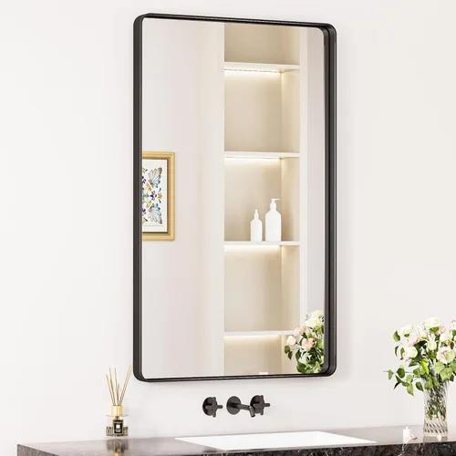 Miniatura 41 de Keonjinn Espejos de baño negros para sobre el fregadero, espejos cuadrados grandes de 36 x 36 pulgadas para pared, espejo rectangular redondeado