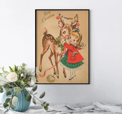 Miniatura 2 de Huabsad Arte de pared vintage de Navidad, regalos retro para niños, niñas lindas abrazando ciervos, impresiones estéticas de imágenes rústicas