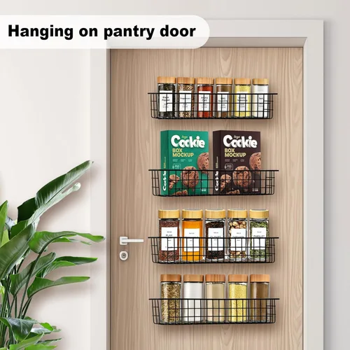 Miniatura 7 de Organizador de especias para montaje en pared, paquete de 2 cestas de almacenamiento de alambre negro para pared o puerta de gabinete en cocina