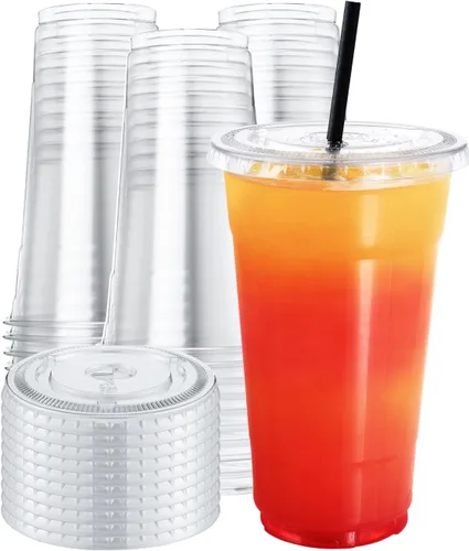 NEEBAKE 75 juegos de vasos de plástico de 24 onzas con tapas - vasos desechables transparentes para café helado, batidos, malteadas, bebidas frías,