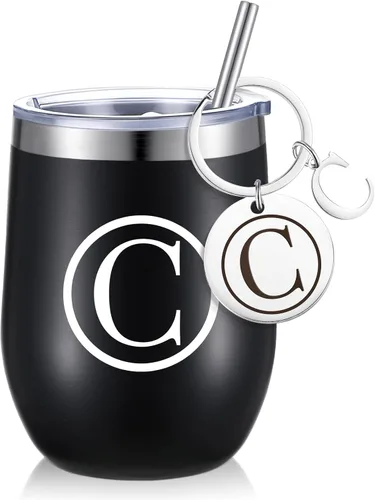 Miniatura 12 de Dandat - Vaso de vino personalizado con llavero de 12 onzas, taza de viaje de acero inoxidable negra con tapa y popote para empleados, profesores
