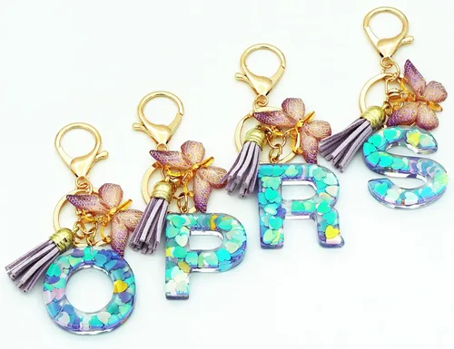 Miniatura 6 de TTYY Llaveros con letra inicial para niñas y mujeres, rosa, morado, verde, lindo llavero de corazón de mariposa para mochila escolar