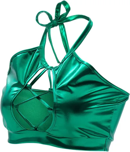 Chaleco sin mangas metálico brillante para mujer, brasier corto con cuello halter, traje sexy para festivales, rave, baile, club