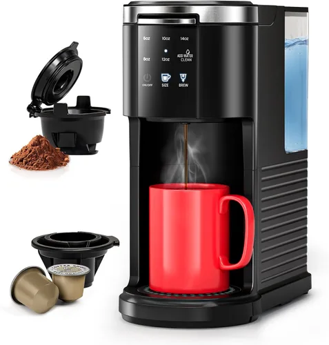 WAA Cafetera de una sola porción, cafetera 2 en 1 para cápsulas y café molido, tamaño de preparación de 6 a 14 onzas, depósito extraíble de 40