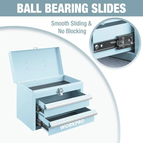 Miniatura 4 de WORKPRO Caja de herramientas portátil mini, caja de herramientas metálica con 2 cajones y guías con rodamientos de bolas, almacenamiento superior