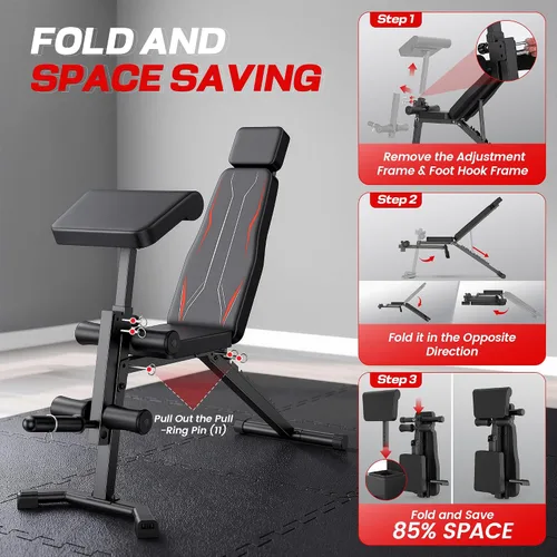 Miniatura 6 de OPPSDECOR Adjustable Weight Bench – 800LBS Foldable Workout Bench with Preacher Curl Pad, Leg Extension & Curl, Extended Headrest, 10-Position