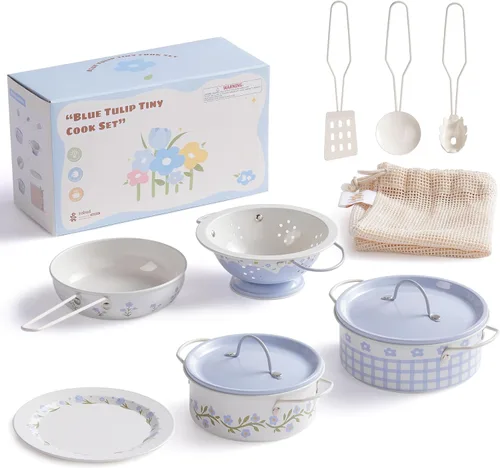 ROBUD Juego de Ollas y Sartenes para Niños, Accesorios de Cocina para Jugar, Ollas y Sartenes de Metal en Crema Azul, Juego de Cocina para Niños