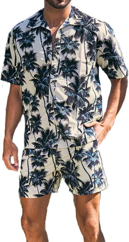 Lavnis Conjunto de camisa hawaiana para hombre, camisa de manga corta con flores y pantalones cortos, trajes de 2 piezas