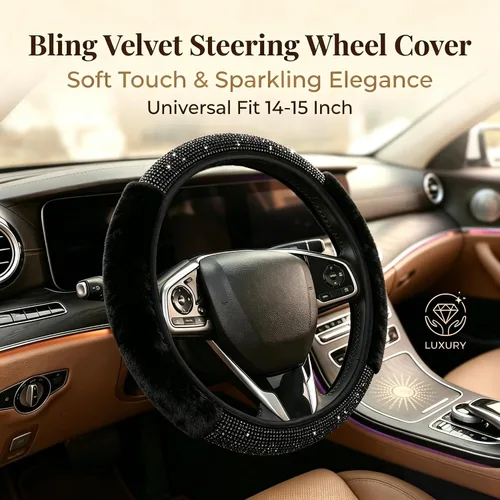Miniatura 4 de Funda para volante con destellos para mujeres y niñas, cubierta de volante de diamantes de imitación de color negro con brillantes de piel