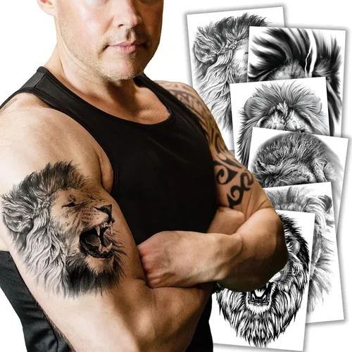 Miniatura 13 de Kotbs 6 hojas de tatuajes temporales de animales en 3D para mujeres y hombres, tatuajes realistas impermeables falsos con patrón de lobo y león