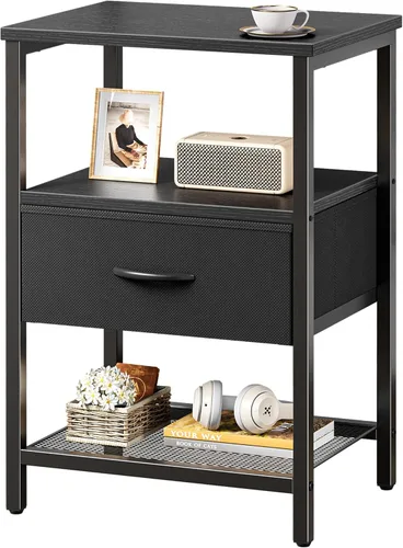 Huuger Mesita de noche con cajón de tela, mesa auxiliar con estante de malla, mesita de noche para dormitorio, cómoda de cajones de tela, estante