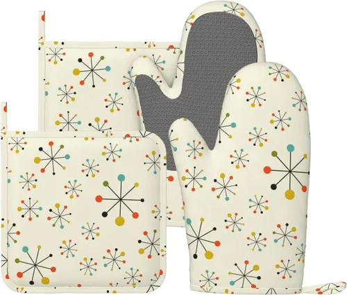 Miniatura 10 de Juego de 4 manoplas de horno y agarraderas de silicona resistentes al calor de los años 70, guantes antideslizantes para cocina, decoración