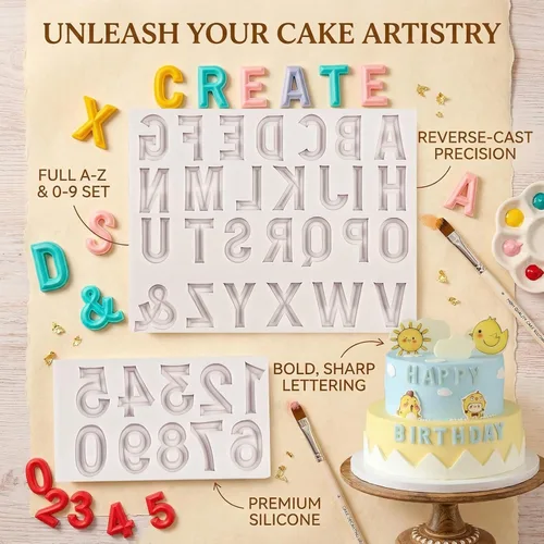 Miniatura 3 de 26 moldes de fondant con letras mayúsculas, alfabeto número 0-9, molde de silicona para decoración de pasteles de chocolate, 2 piezas, fiesta
