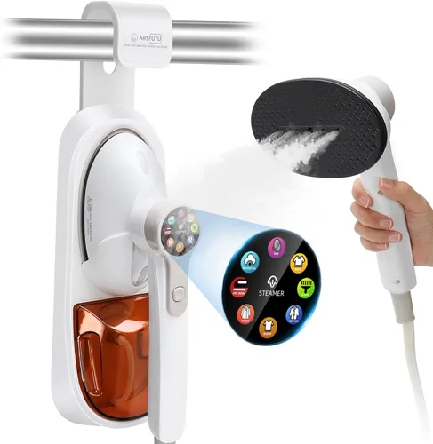 Vaporizador de mano 2 en 1 para ropa y vidrio, vaporizador portátil de ropa de 1450 W con pantalla LCD inteligente, tanque grande de 13.5 fl oz, 8