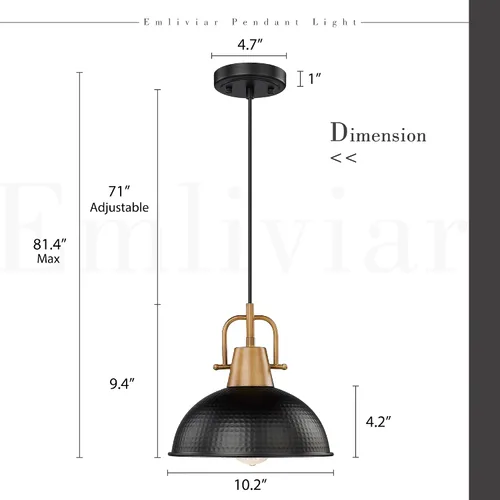 Miniatura 6 de Emliviar GE269MIL BK+WD - Lámpara colgante moderna de 10.2 pulgadas, lámpara colgante moderna para isla de cocina, pantalla de cúpula de metal negro