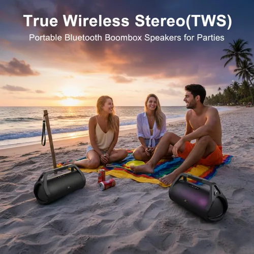 Miniatura 6 de Altavoz Bluetooth Boombox retro, sonido exterior de 80 W, resistente e impermeable, correa y mango incorporados, graves intensos, tiempo
