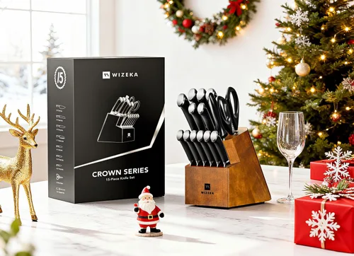 Miniatura 2 de WIZEKA Juego de 15 piezas de cuchillos, juego de cuchillos de cocina de acero inoxidable de alto carbono, juego de bloque de cuchillos ultra