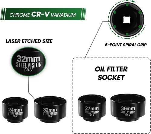 Miniatura 5 de Steel Vision Juego de 5 piezas de 3/8 pulgadas para filtro de aceite de perfil bajo, métrico 0.945 in, 1.063 in, 1.142 in, 1.260 in, 1.417 in, acero