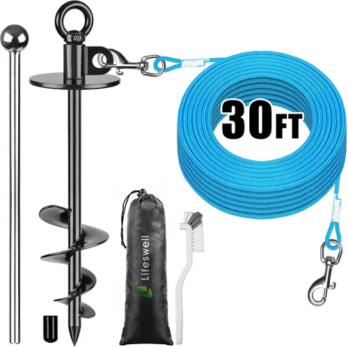 Miniatura 16 de Estaca de amarre resistente de 15" para perros, giro de 360°, sin enredos, fácil de instalar, para perros grandes de hasta 220 libras, perfecta