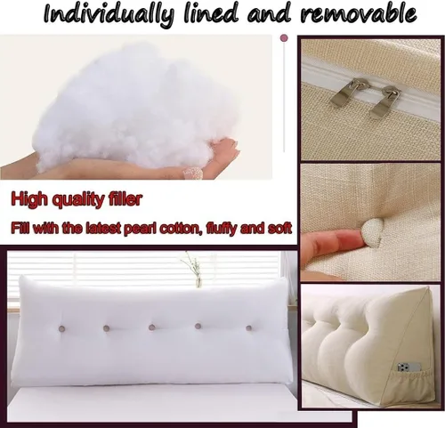 Miniatura 5 de Almohada triangular para cabecero, almohada de cuña grande para respaldo de lectura para sofá cama, cojín triangular con bolsillo y funda extraíble