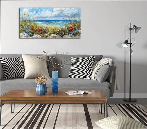Miniatura 7 de Rtriel Arte de pared de flores de playa para sala de estar, pintura de flores silvestres, impresiones en lienzo floral, decoración de pared