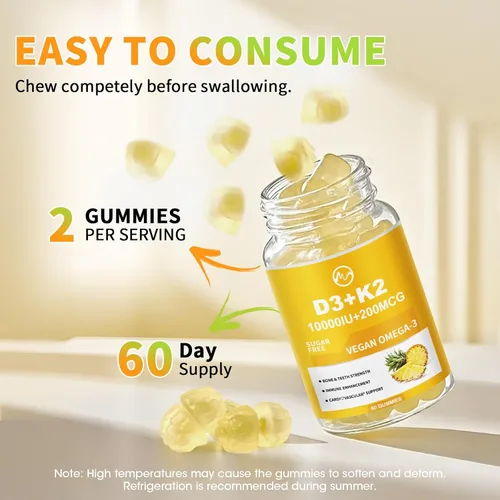 Miniatura 7 de Gomitas de vitamina D3 K2, vitamina D3 10000IU, K2 (MK-7) 200mcg, suplemento de vitamina D3 con K2 6 en 1 con omega-3, magnesio, calcio y zinc