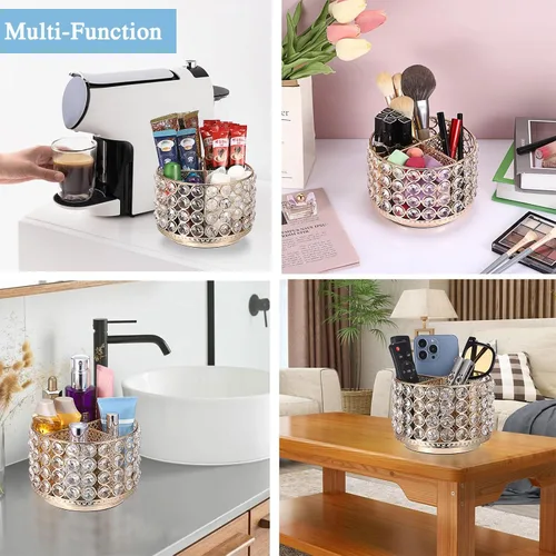 Miniatura 4 de Hipiwe Organizador de tocador de cristal, soporte giratorio de 360° para brochas de maquillaje, soporte de exhibición de brochas cosméticas Dorado