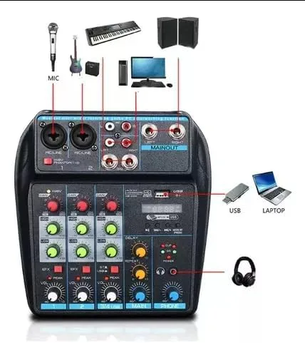 Miniatura 8 de Mezclador de audio para DJ, mezcladores de DJ, tablero de sonido de 4 canales con Bluetooth, tablero mezclador de sonido XLR/interfaz de 1/4