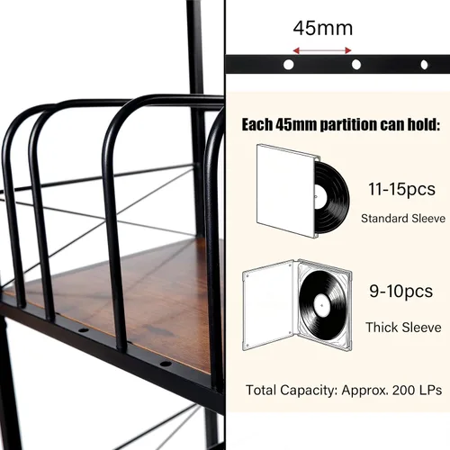Miniatura 9 de Soporte para tocadiscos con 4 divisores ajustables, almacenamiento de discos de vinilo con capacidad para 200 LPs, mesa auxiliar de 3 capas, mesa