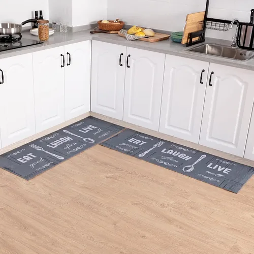 Miniatura 10 de Carvapet Juego de 2 alfombras de cocina con respaldo antideslizante, tapete para cocina, corredor de entrada, diseño de lema, negruzco/gris oscuro