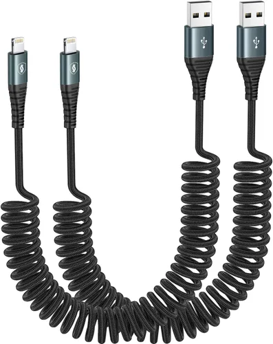 JUKEKUL Cable Lightning en espiral de 3 pies de nailon trenzado, cargador de iPhone de carga rápida para automóvil [certificado Apple MFi], Gris