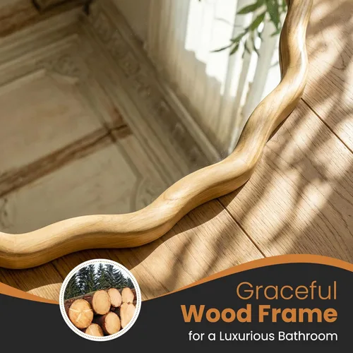 Miniatura 4 de Espejo de baño para pared, 24 pulgadas, redondo, bohemio, ondulado, de madera, espejo decorativo grande de cuerpo entero con vidrio templado, espejo