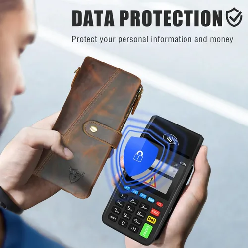 Miniatura 38 de Genuino Caballo Loco Cuero Regalo de Viaje Moneda Bolsillo Tarjetero Organizador Largo Cadena Rfid Cartera Monedero Con Broche Para Hombres Hombres