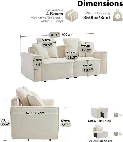 Miniatura 2 de WILLOVE Juego de sofá modular modular, sofá nube de felpilla con reposabrazos anchos y 8 almohadas, sofás de asiento profundo para sala de estar, 4