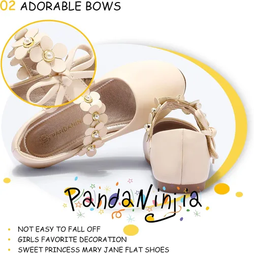 Miniatura 4 de PANDANINJIA Zapatos de vestir para niñas pequeñas, zapatos planos de flores con perlas, lazo Mary Jane, zapatos de flora para fiesta de boda