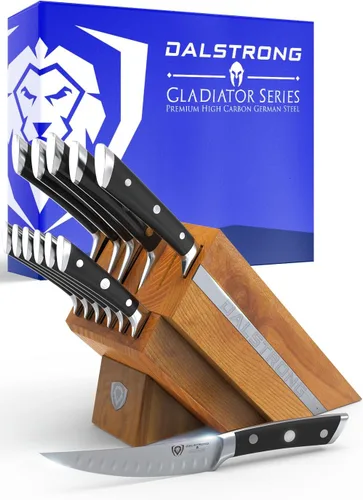 Dalstrong Juego de bloques de cuchillos Elite de 12 piezas, acero alemán de alto carbono, espiga completa, pulido a mano, chef + Santoku + Nakiri +